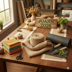 A variety of burlap fabric rolls, colorful craft burlap stacks, and gardening tools on a wooden table, representing DIY crafts, home decor, and landscaping uses for JOANN 2026 guide.
