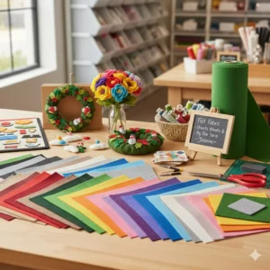 A colorful arrangement of various felt fabric sheets in a rainbow of colors, alongside felt craft projects like a wreath, flowers, and ornaments on a wooden craft table with sewing supplies.