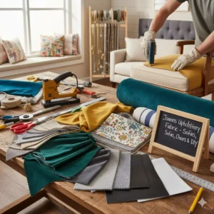 A collection of high-quality upholstery fabric samples including velvet, chenille, and patterned swatches laid out on a designer's workspace with measuring tape and upholstery tools.