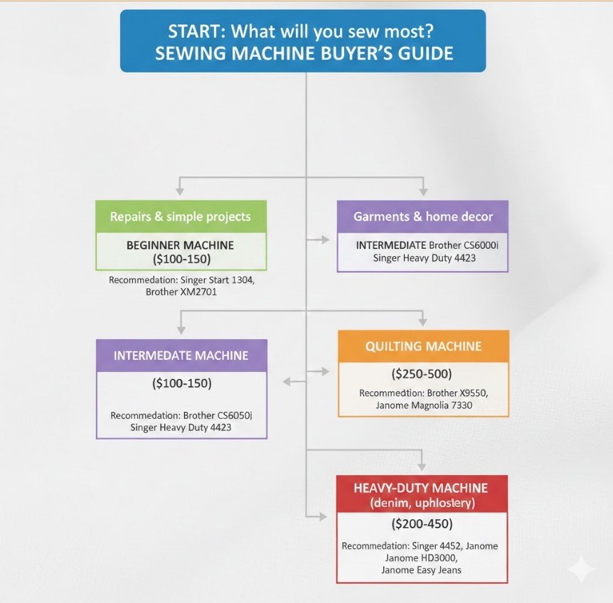 A clean, color-coded flowchart titled "START: What will you sew most?" that guides users to four types of sewing machines based on their projects: Beginner (Repairs), Intermediate (Garments), Quilting, and Heavy-Duty. It includes price ranges and specific model recommendations like Singer and Brother for each category.