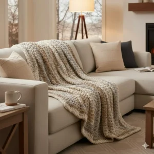 Cozy crochet throw blanket made with Bernat Blanket Yarn super bulky chenille, draped on couch showing plush texture – complete guide 2026
