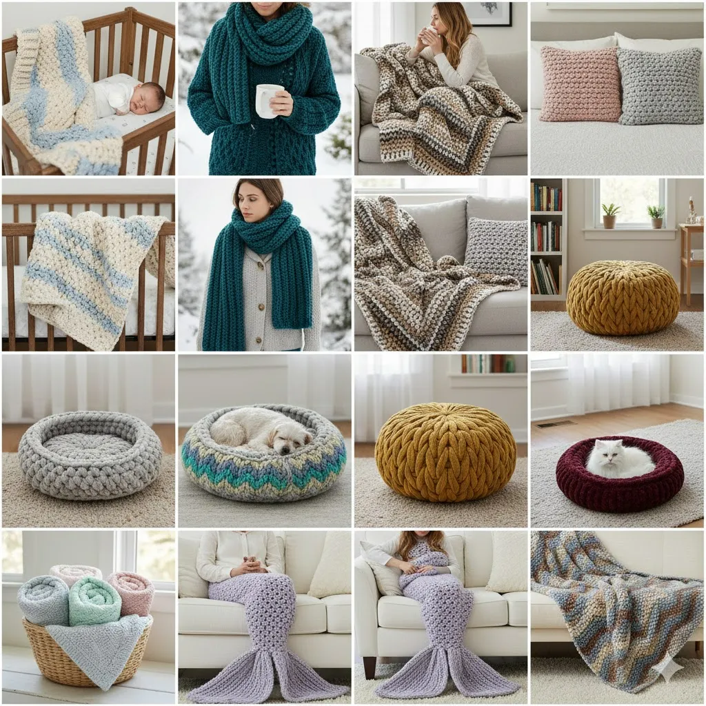 Inspiration gallery of finished projects with Bernat Blanket Yarn super bulky chenille including blankets, throws, scarves, pillows, and pet beds