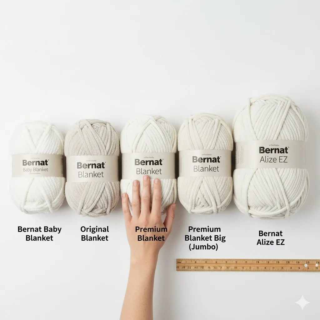 Side-by-side comparison of Bernat Blanket Yarn collection variants including Original, Premium, Big, Baby, and Alize EZ skeins