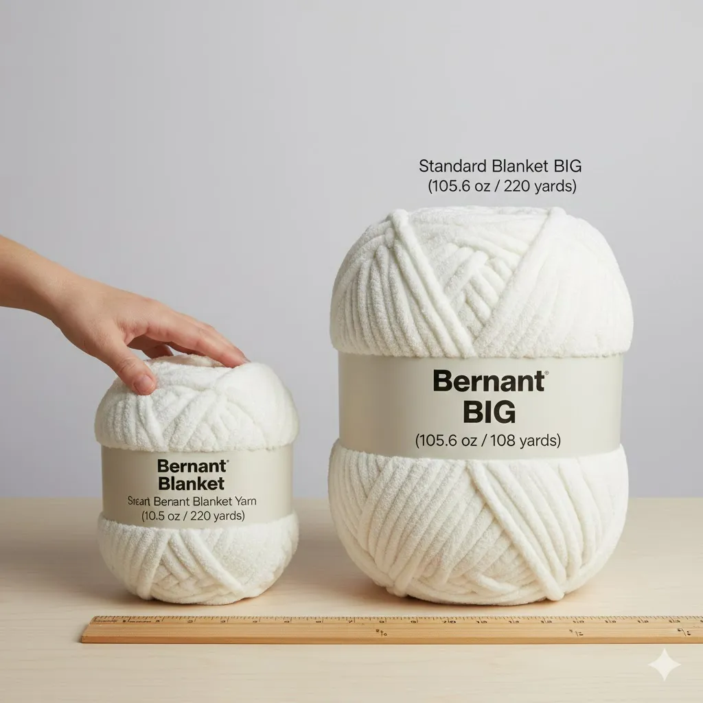 Size comparison: Standard Bernat Blanket Yarn skein (220 yards) vs Bernat Blanket Big jumbo ball