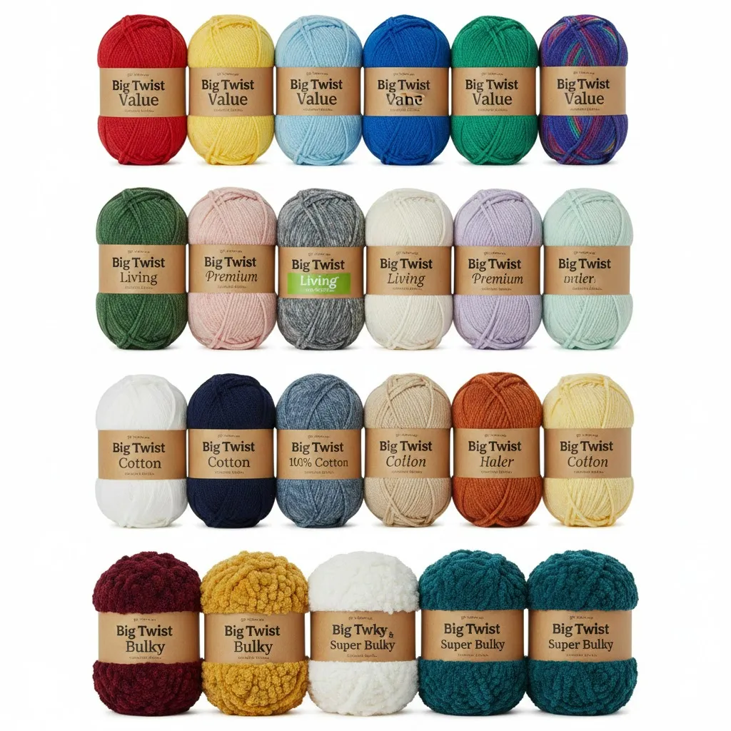 Big Twist Yarn 2026 collection grid showing Value, Premium, Living eco-friendly, Cotton, Bulky and Super Bulky skeins in rainbow colors