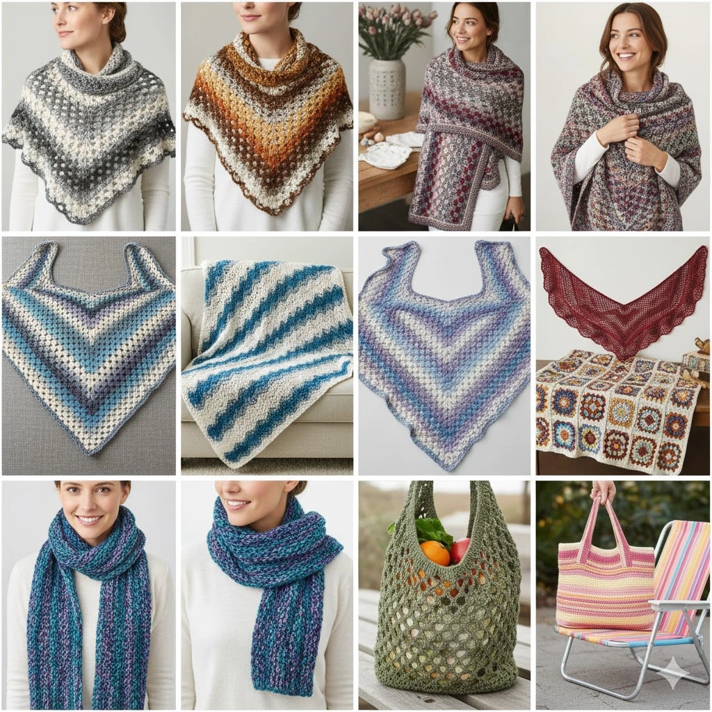 Gallery of finished projects using Caron Big Cakes yarn, including shawls, blankets, scarves, and more