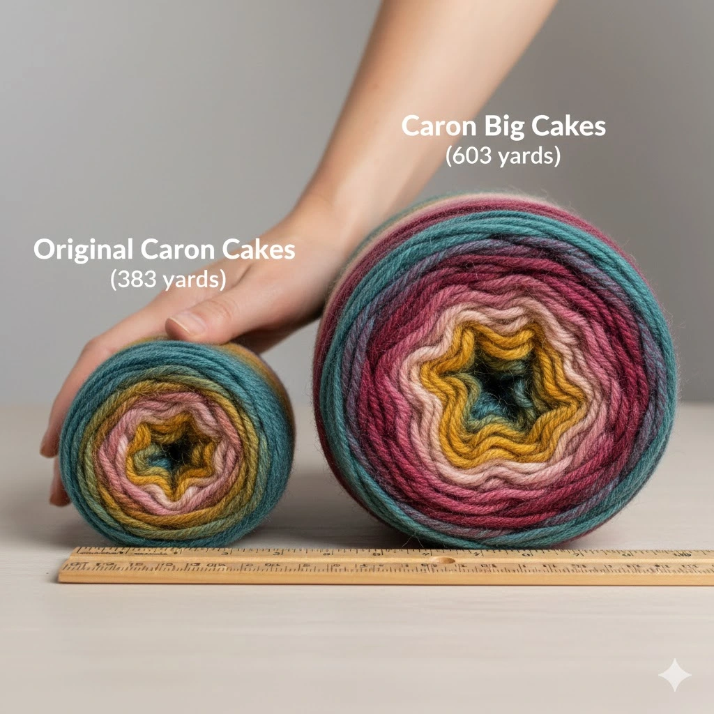 Size comparison: Original discontinued Caron Cakes vs. current Caron Big Cakes yarn balls