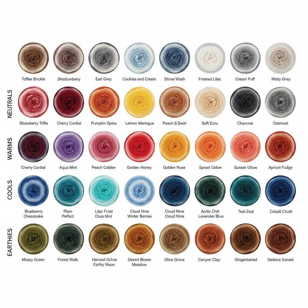 Grid of current Caron Big Cakes yarn colorways, showing over 40 options with names like Toffee Brickle, Shadowberry, and more