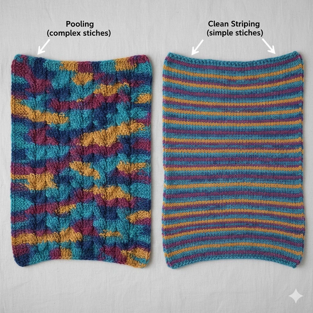 Comparison of color pooling (clumped colors) vs. clean striping in self-striping yarn like Caron Big Cakes