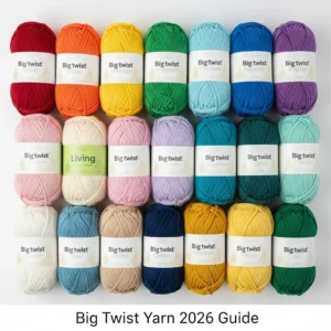 Big Twist Yarn 2026 guide featured image showing colorful rainbow grid of Value, Premium, Living eco-friendly, and Cotton skeins available at Michaels and Herrschners