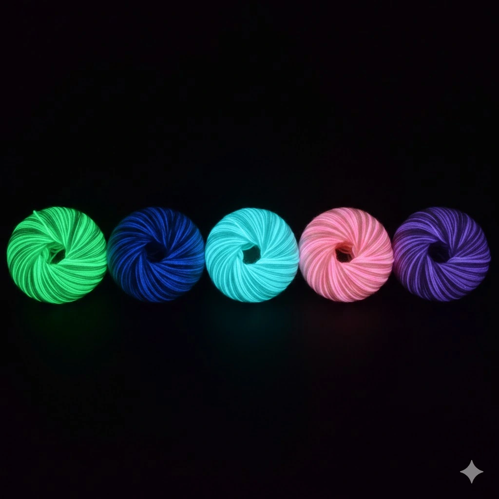 Available glow in the dark yarn colors glowing at night: green (brightest), blue, pink, and more