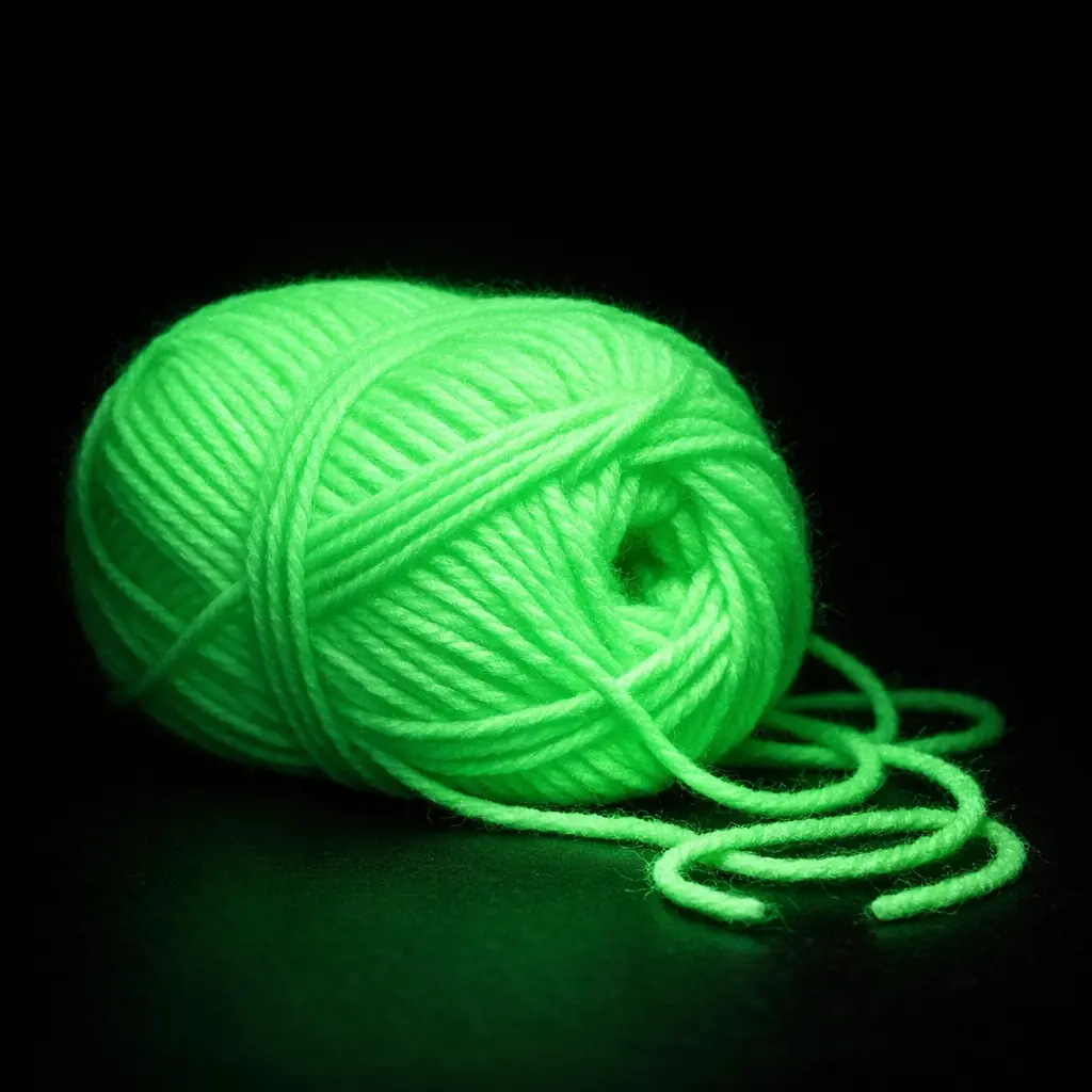 A glow in the dark yarn skein glowing bright green after charging, perfect for crochet and knitting projects