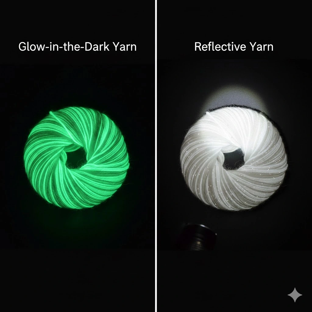 Difference between glow in the dark yarn (self-glowing) and reflective yarn for safety crafts