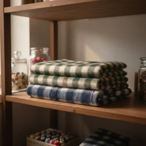 Folded flannel fabric pieces stacked on shelf in sewing room showing cotton flannel material storage