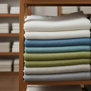 Stacked linen fabrics in white, blue, green, and gray colors